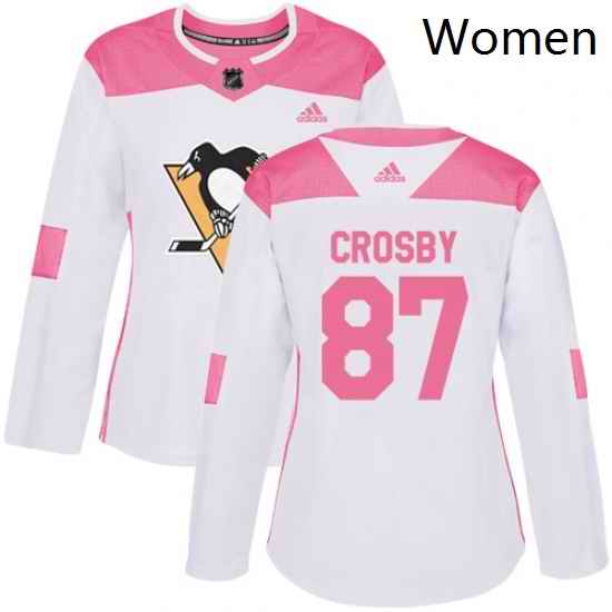 Womens Adidas Pittsburgh Penguins 87 Sidney Crosby Authentic WhitePink Fashion NHL Jersey